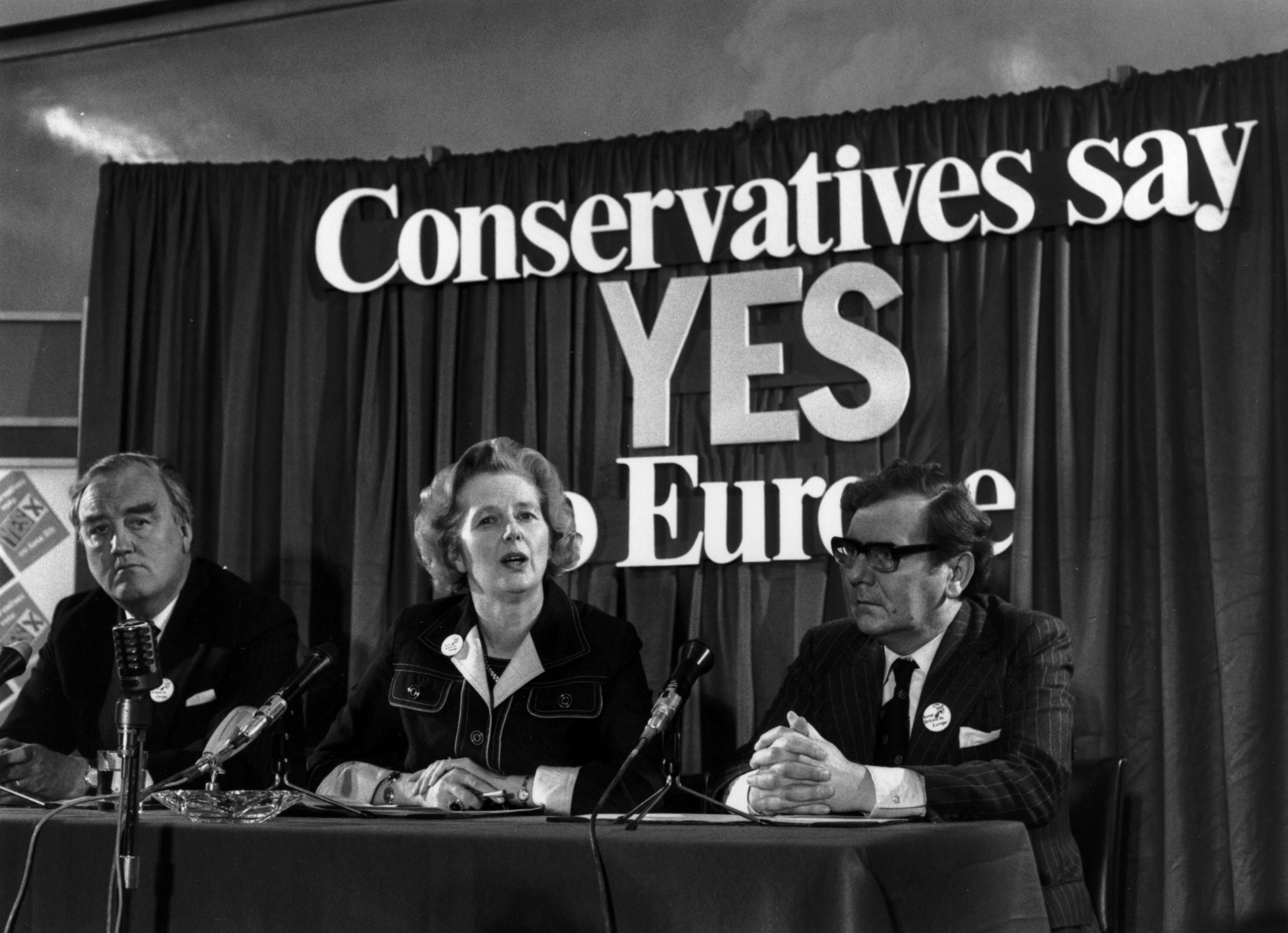 Margaret Thatcher with William Whitelaw and Peter Kirk at a referendum conference on Europe in 1975
