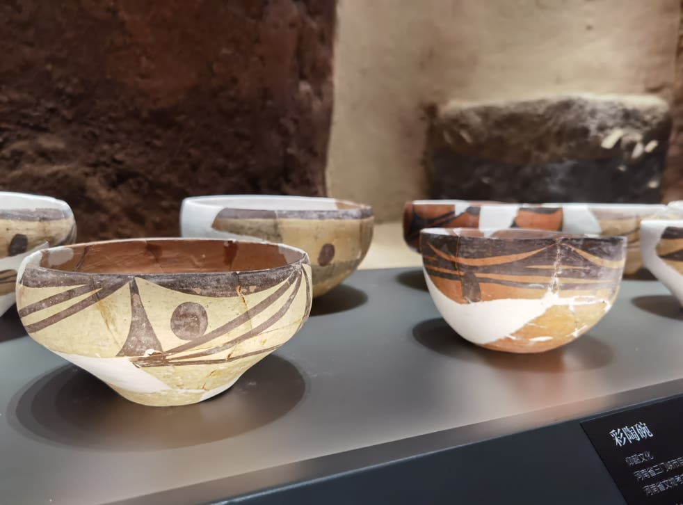 <p>Painted pottery is displayed at the Miaodigou Yangshao Culture Museum in Sanmenxia, Henan province. </p>