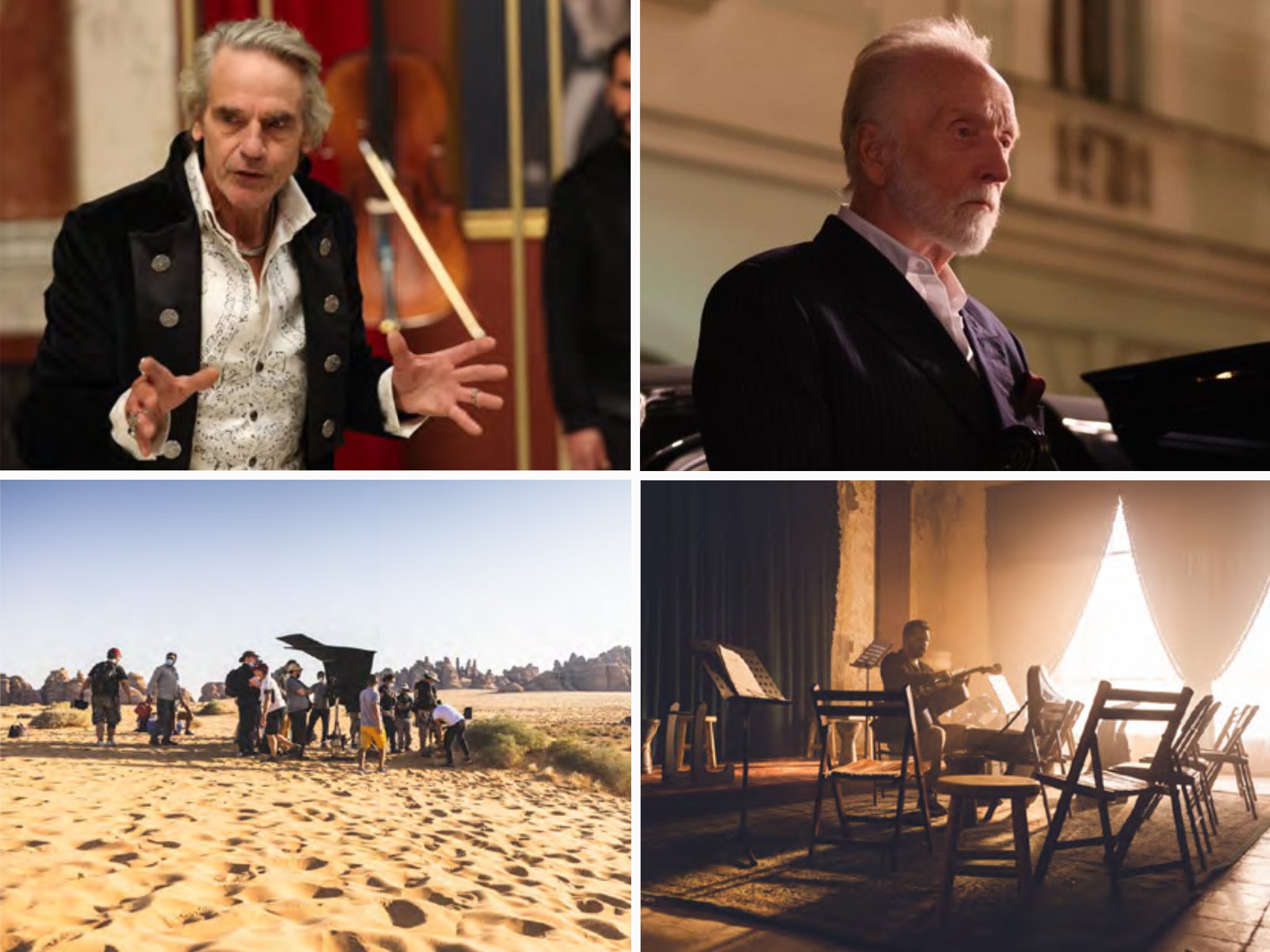 Jeremy Irons (top left) and Tobin Bell (top right) star in Cello , which was shot on location in Saudi Arabia