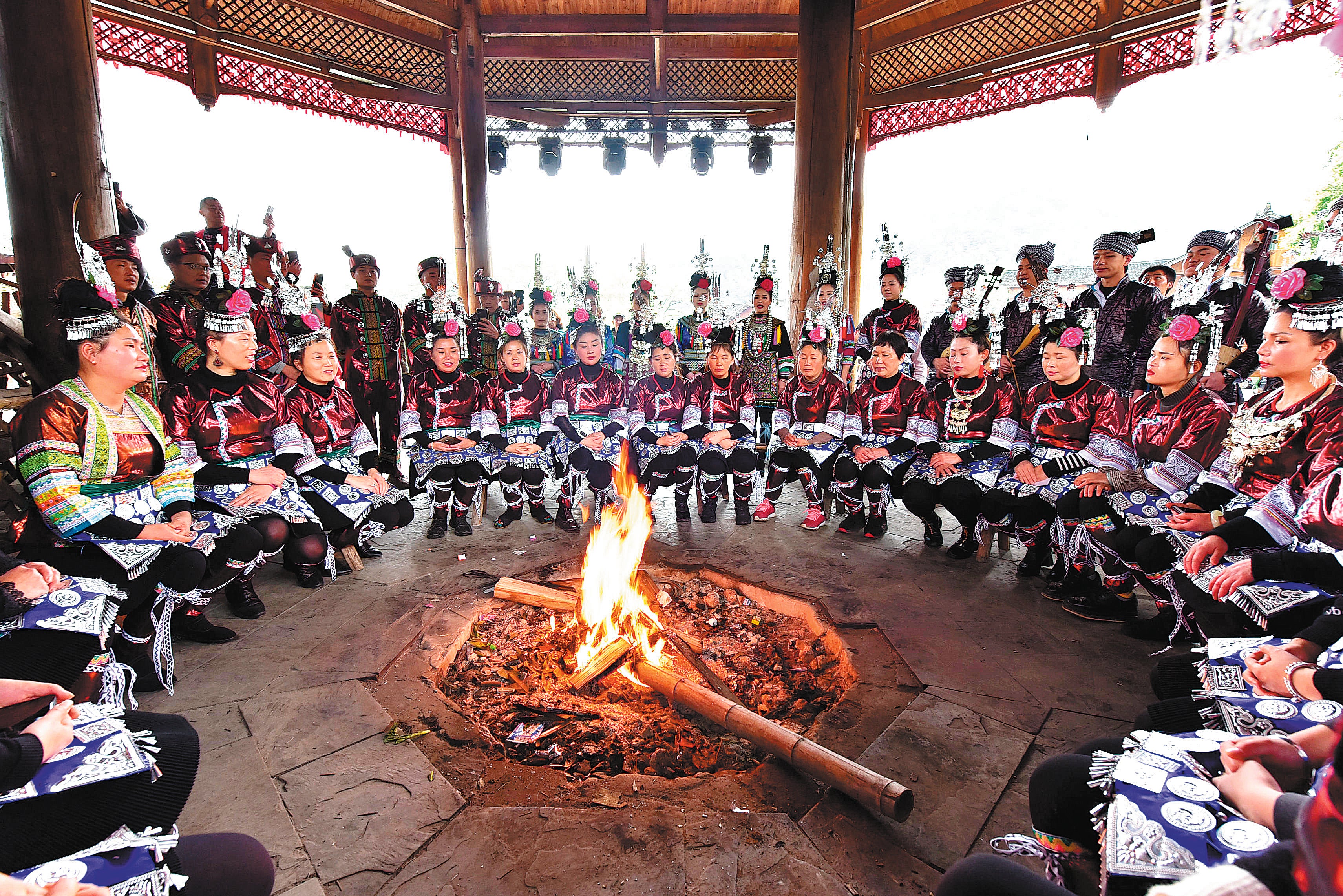 Members of the Dong ethnic group take part in a Grand Song of Dong chorus performance in Jiangkou county, Guizhou province