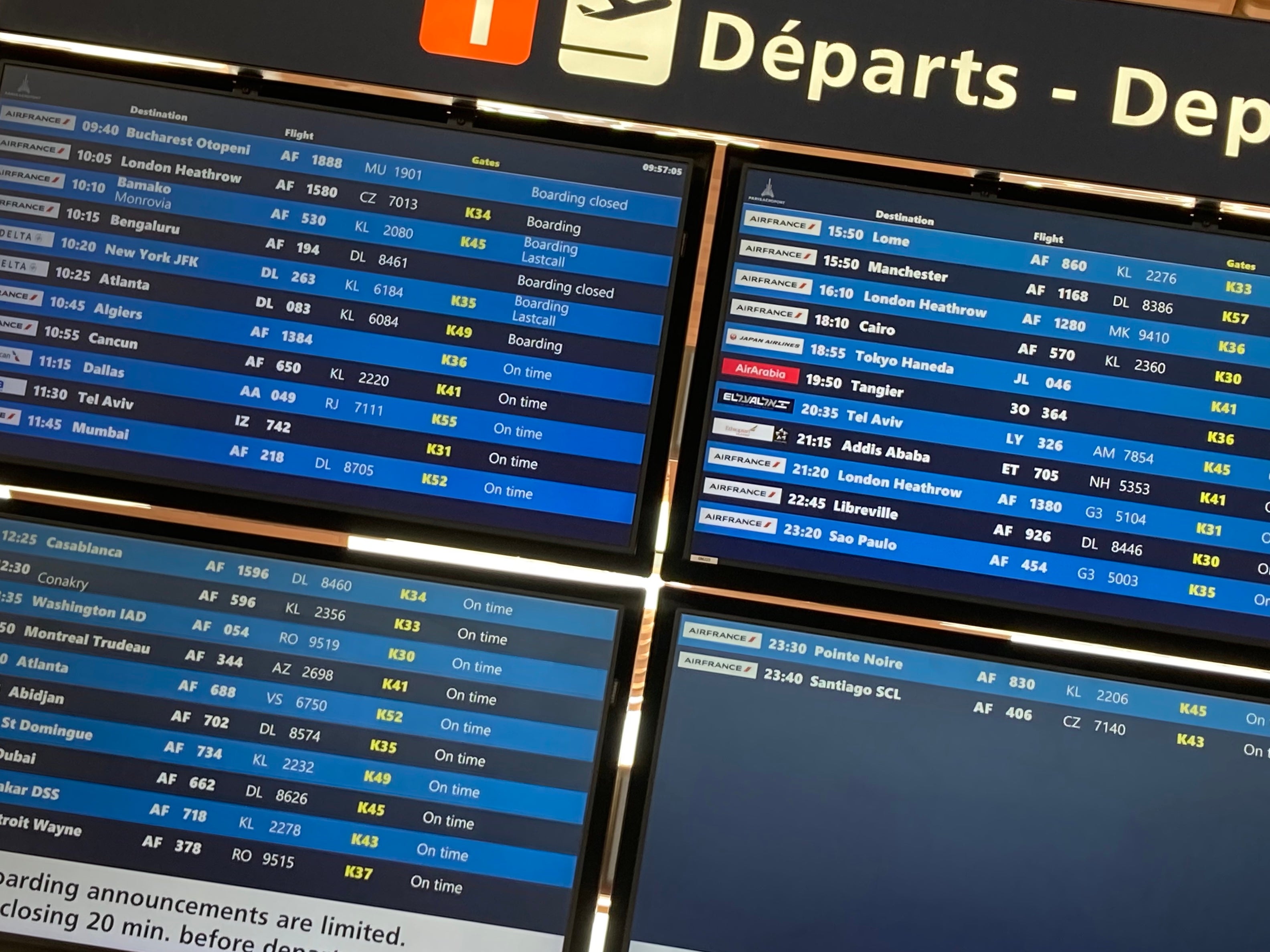 Morning rush: departure screens at Paris CDG (file photo)