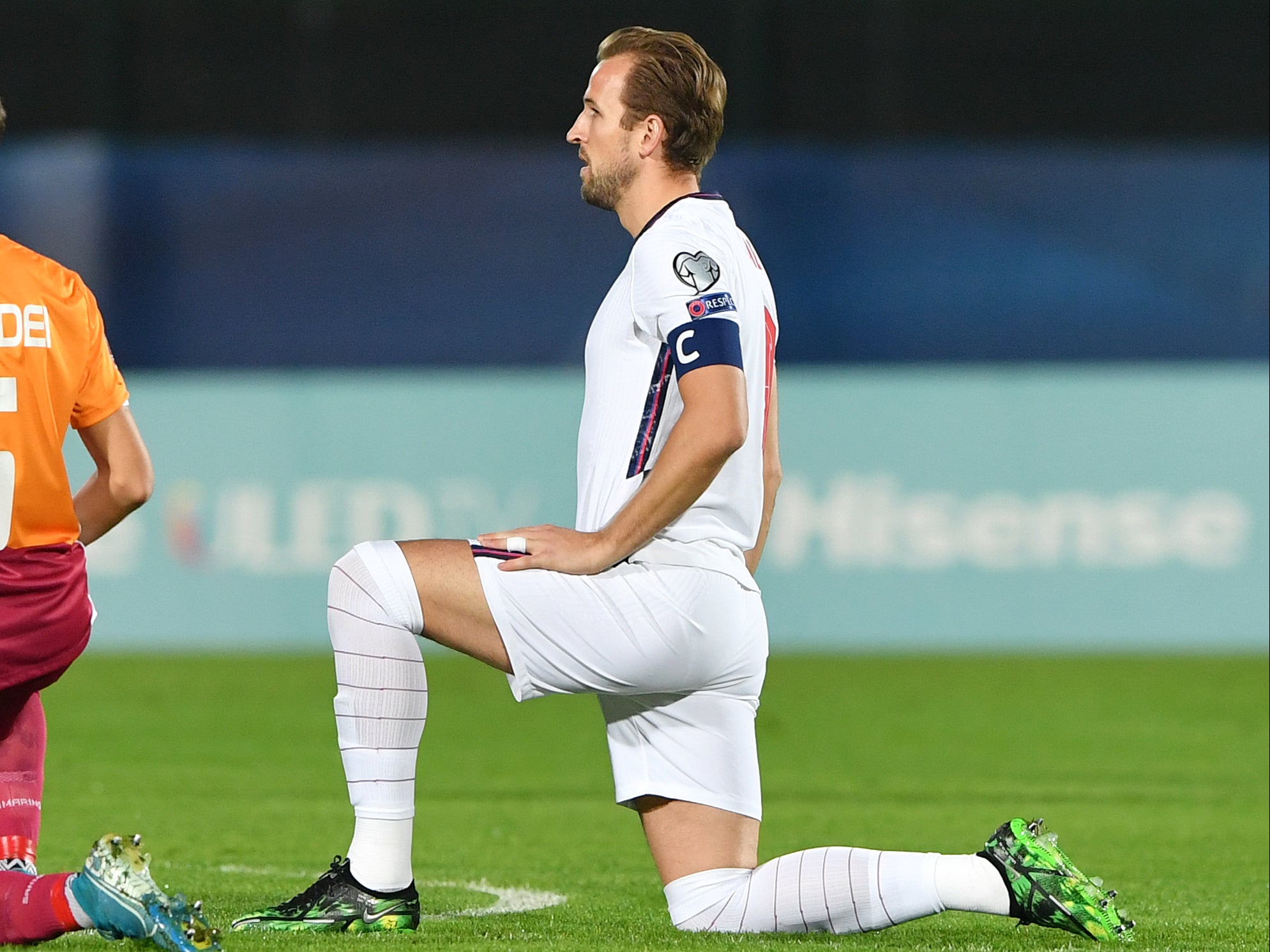 England captain Harry Kane takes the knee before Monday’s World Cup qualifier against San Marino in Serravalle