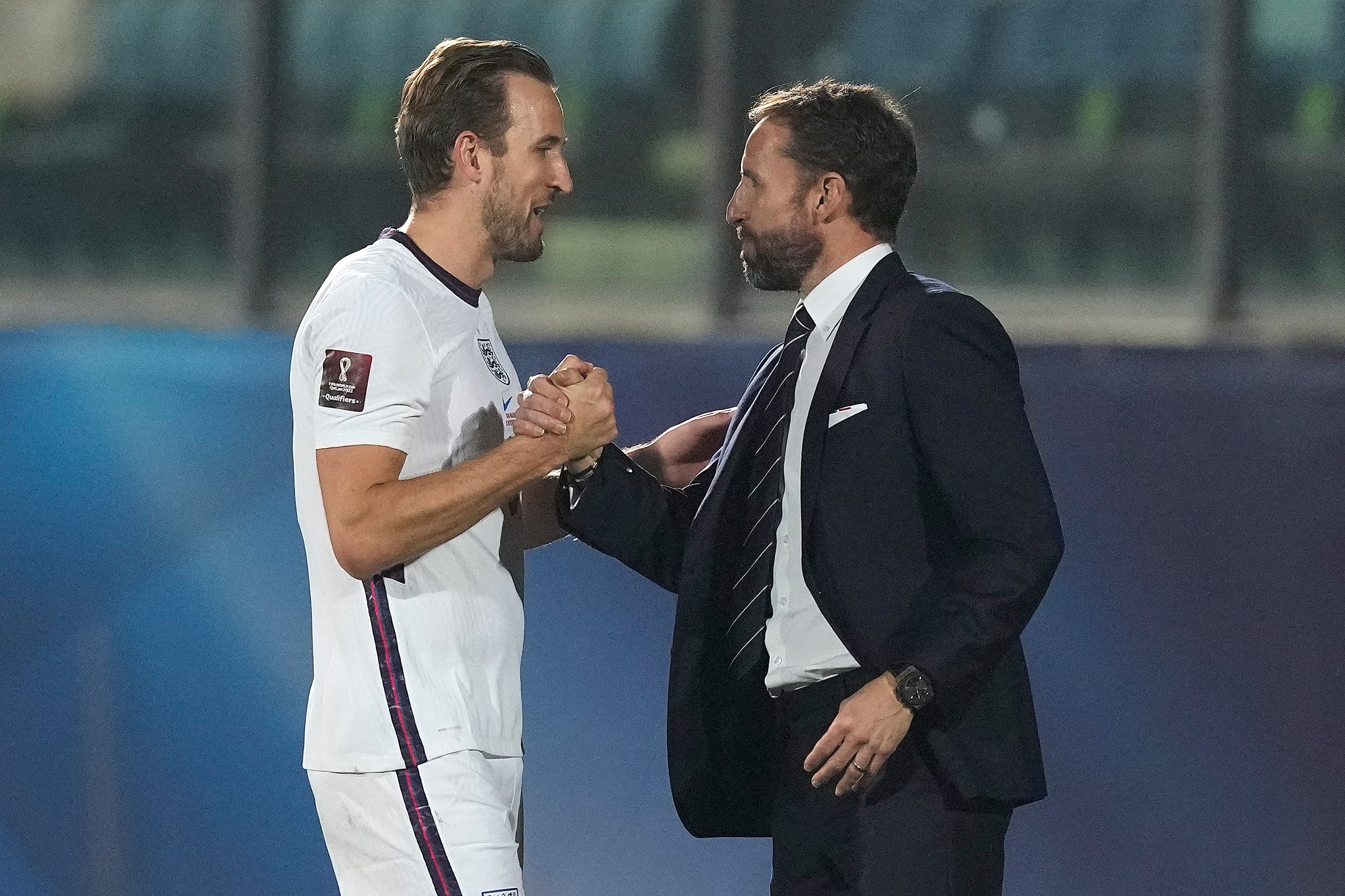 Gareth Southgate, right, greets Harry Kane after his four-goal haul in San Marino (Antonio Calanni/AP)