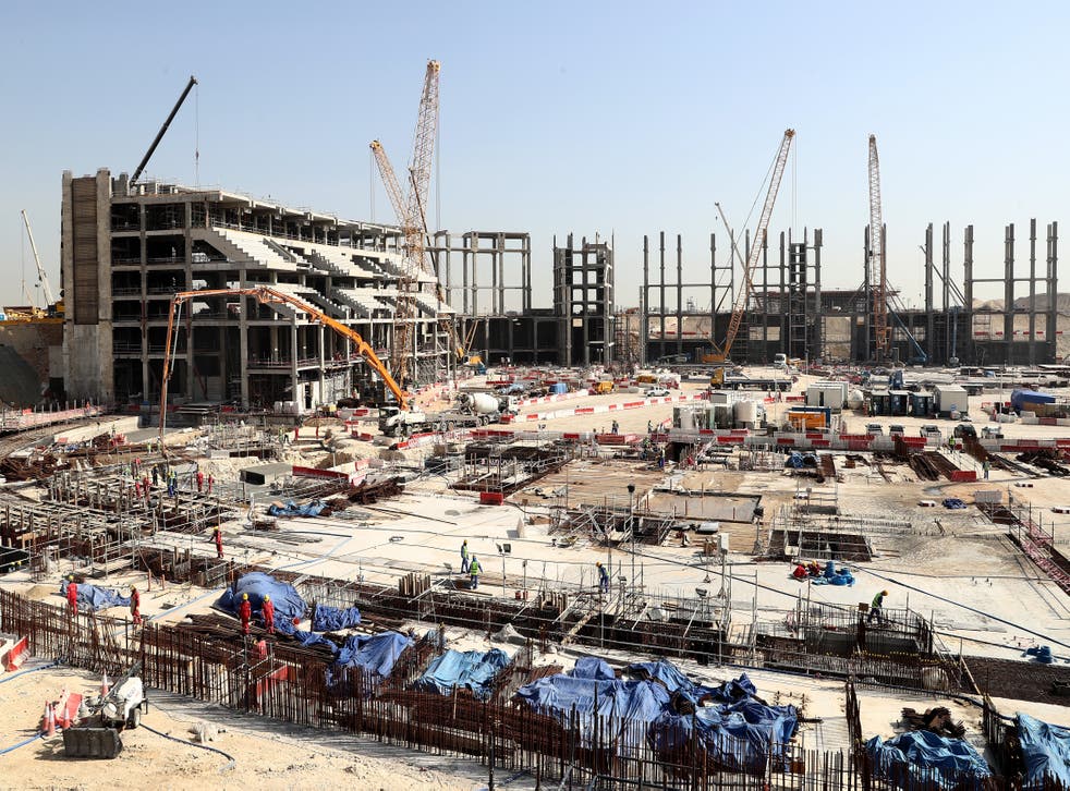 <p>The construction site of the Al Bayt Stadium, and the workers’ accommodation, in Doha, Qatar, from 2017</p>