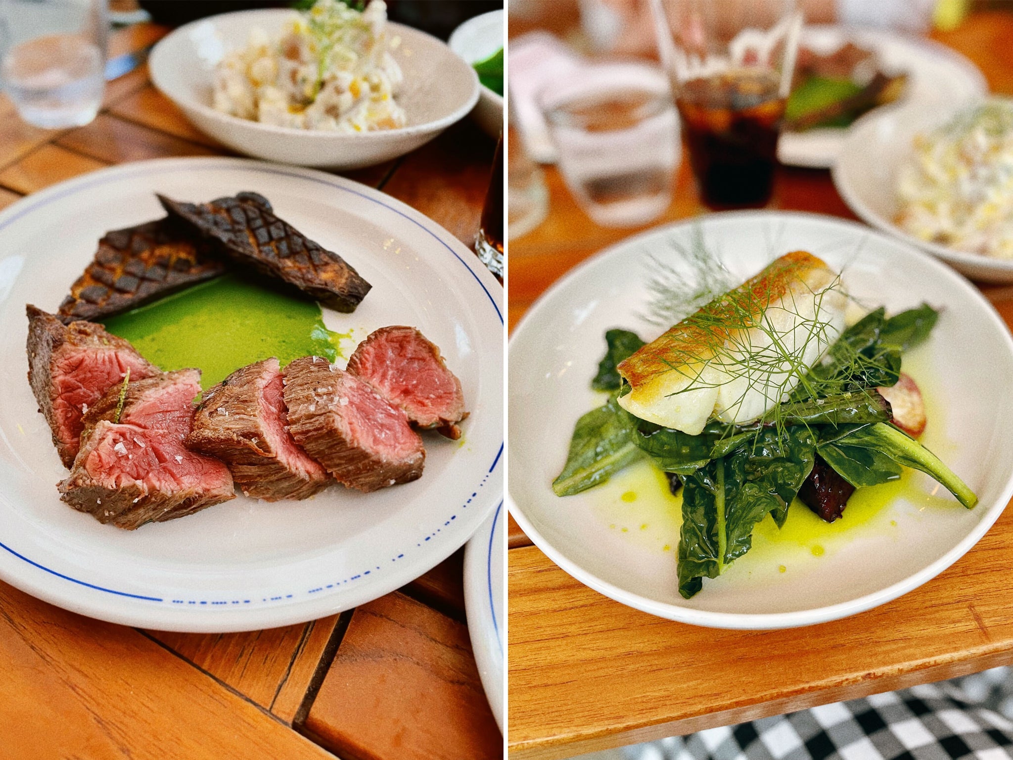 The high-welfare bavette steak on the left, and the day boat hake on the right