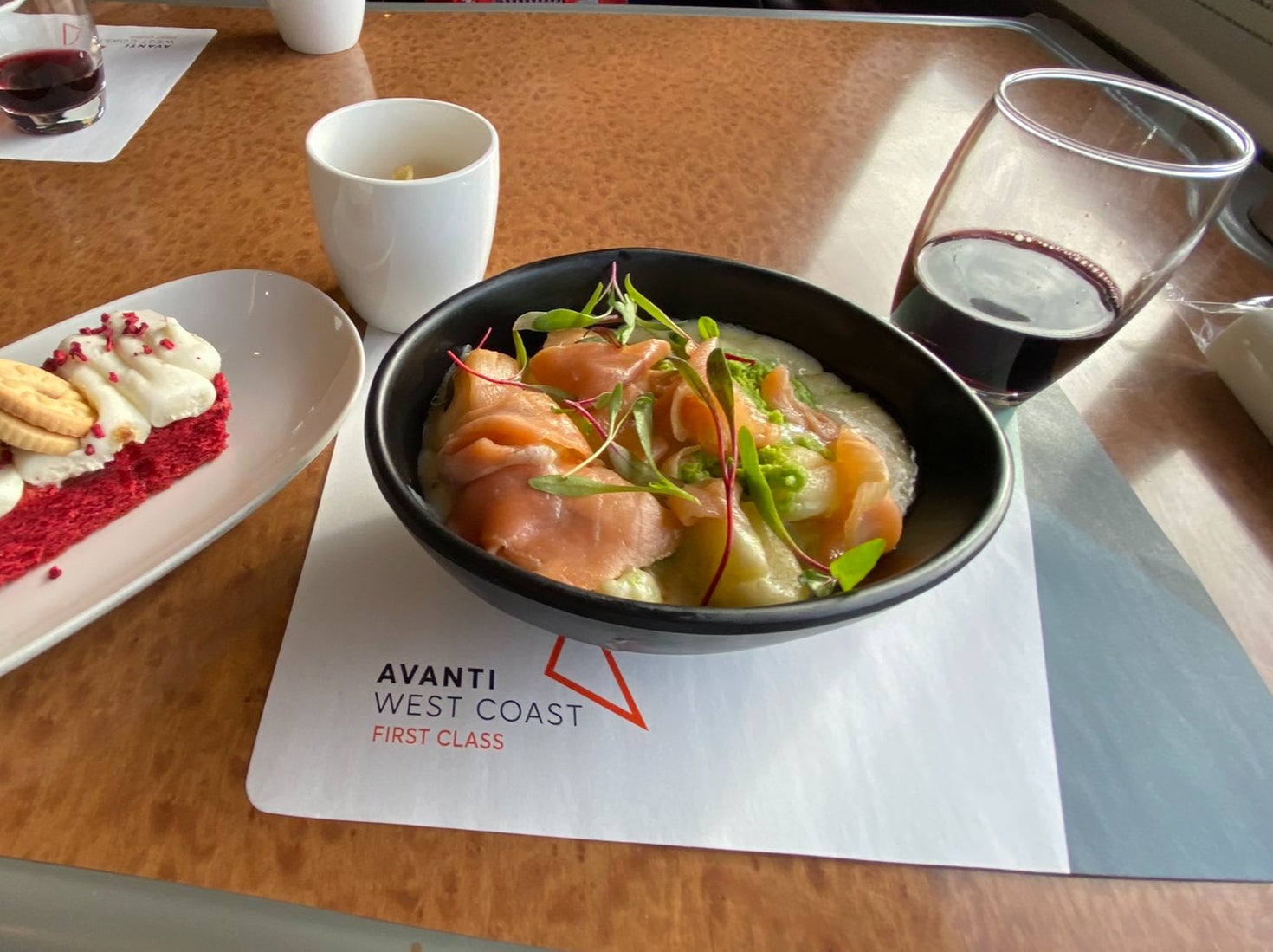 On track: smoked salmon gnocchi and ‘jammy dodger loaf’ served up for lunch on Avanti West Coast