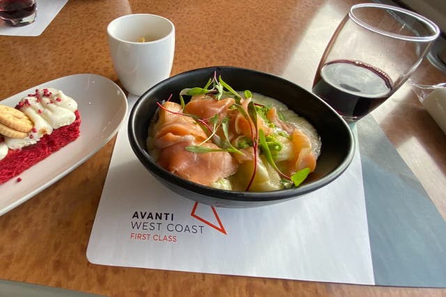 <p>On track: smoked salmon gnocchi and ‘jammy dodger loaf’ served up for lunch on Avanti West Coast</p>