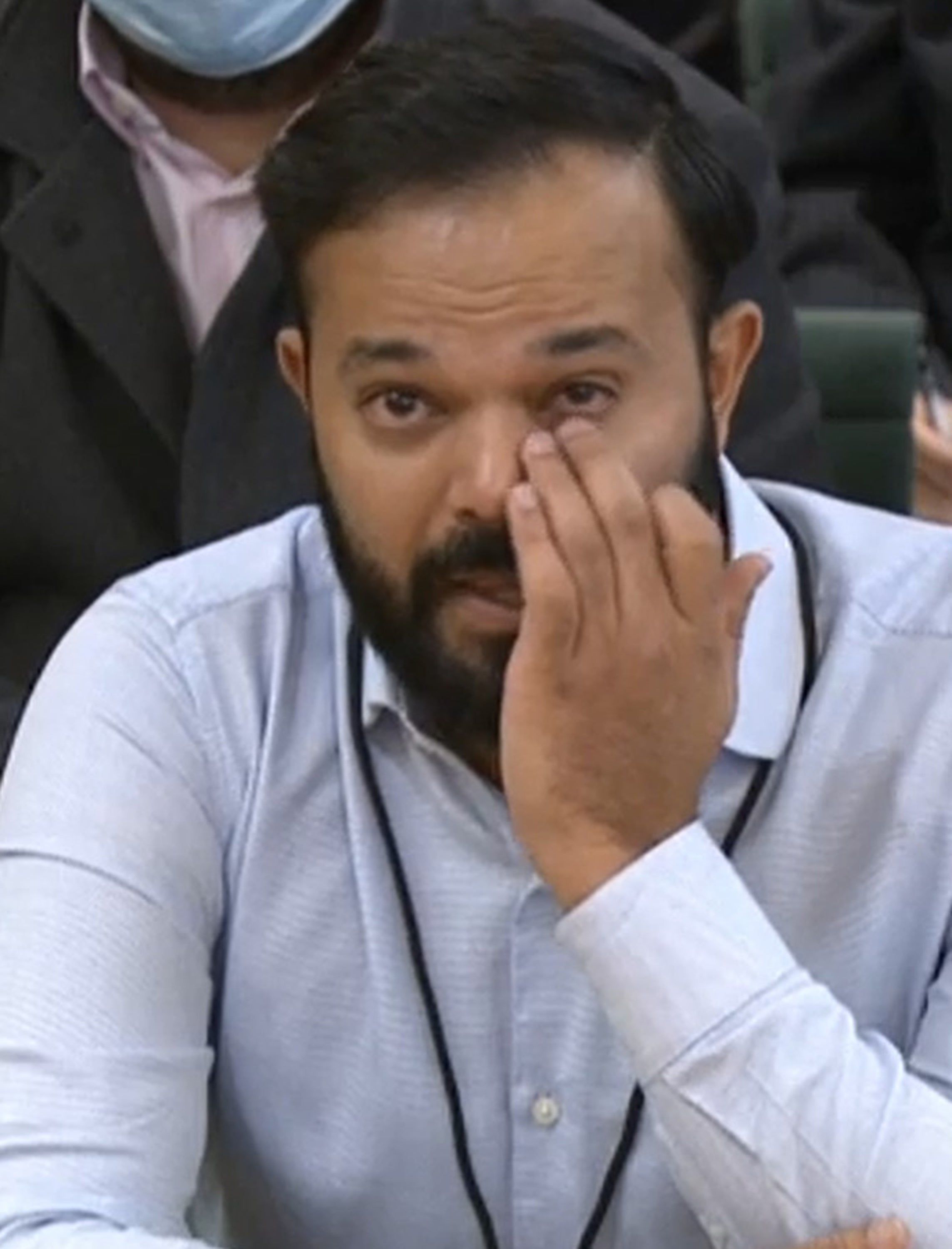 Azeem Rafiq, pictured, in the middle of his emotional testimony to Parliament on Tuesday (House of Commons/PA)