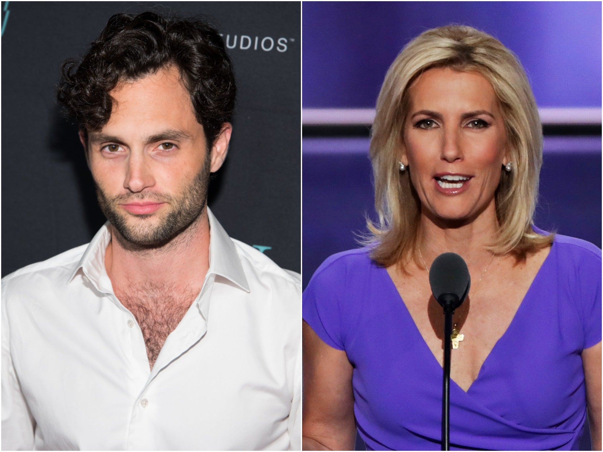 <p>Actor Penn Badgley and Fox News host Laura Ingraham </p>