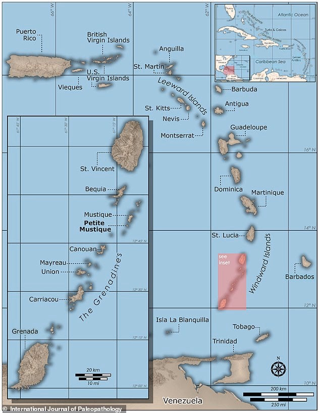 Map of the Caribbean showing St Vincent and the Grenadines. Inset locates Petite Mustique Island (map drafted by Evan Levine and Scott M. Fitzpatrick) GC Nelson et al.