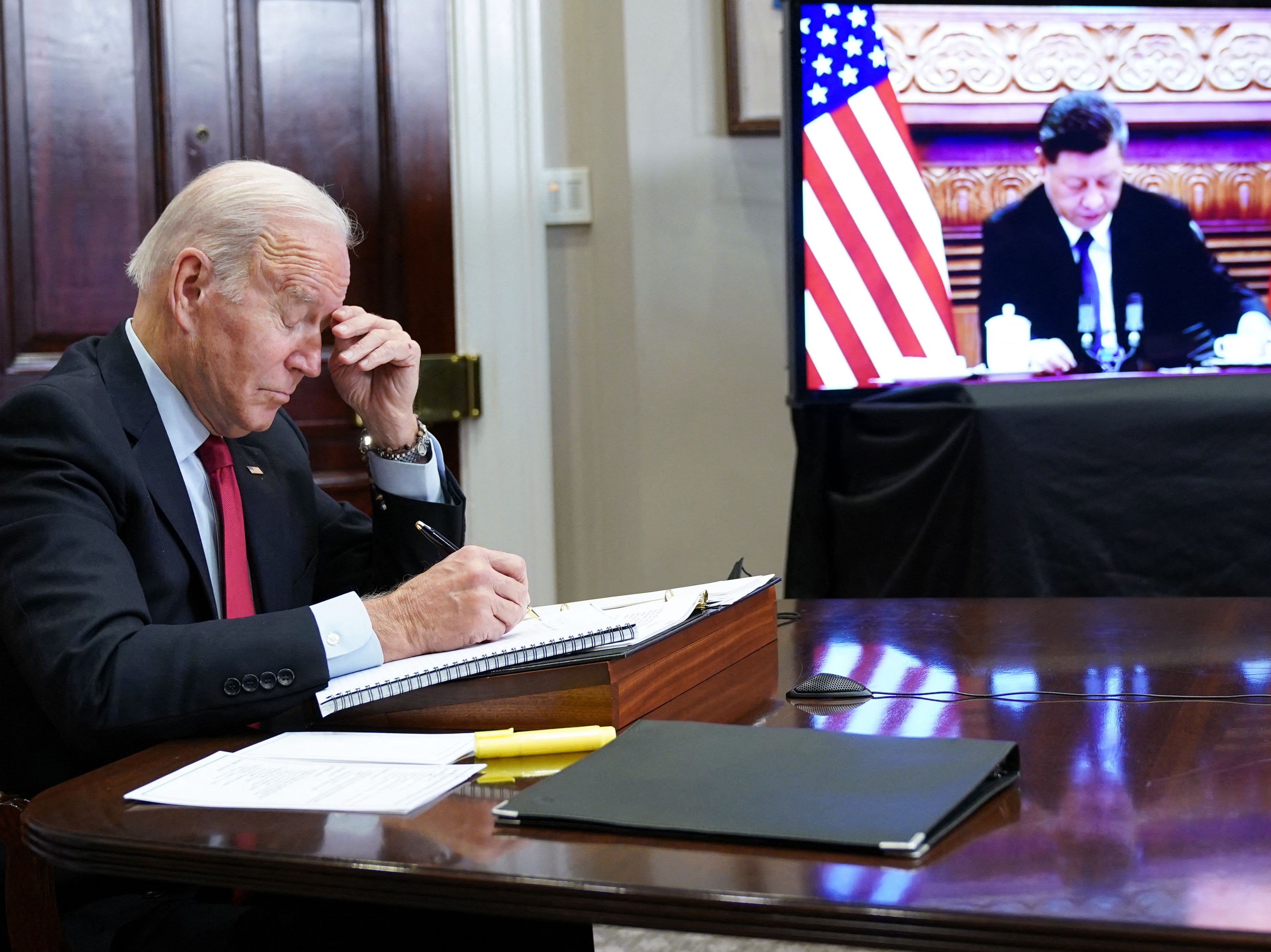 <p>US President Joe Biden during a meeting with China’s Xi Jinping on Monday</p>