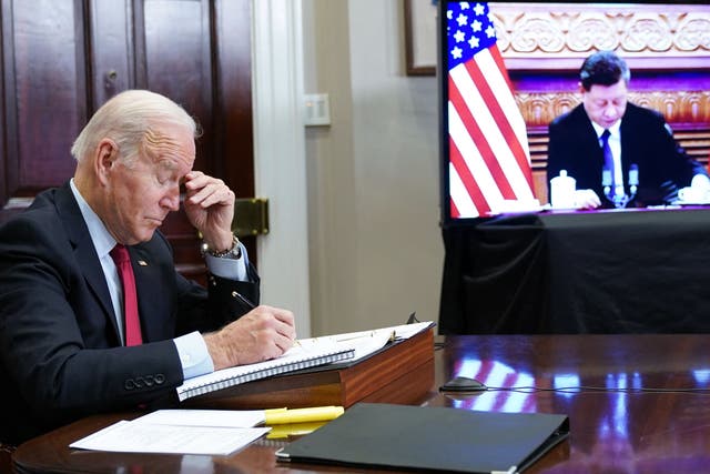 <p>US President Joe Biden during a meeting with China’s Xi Jinping on Monday</p>