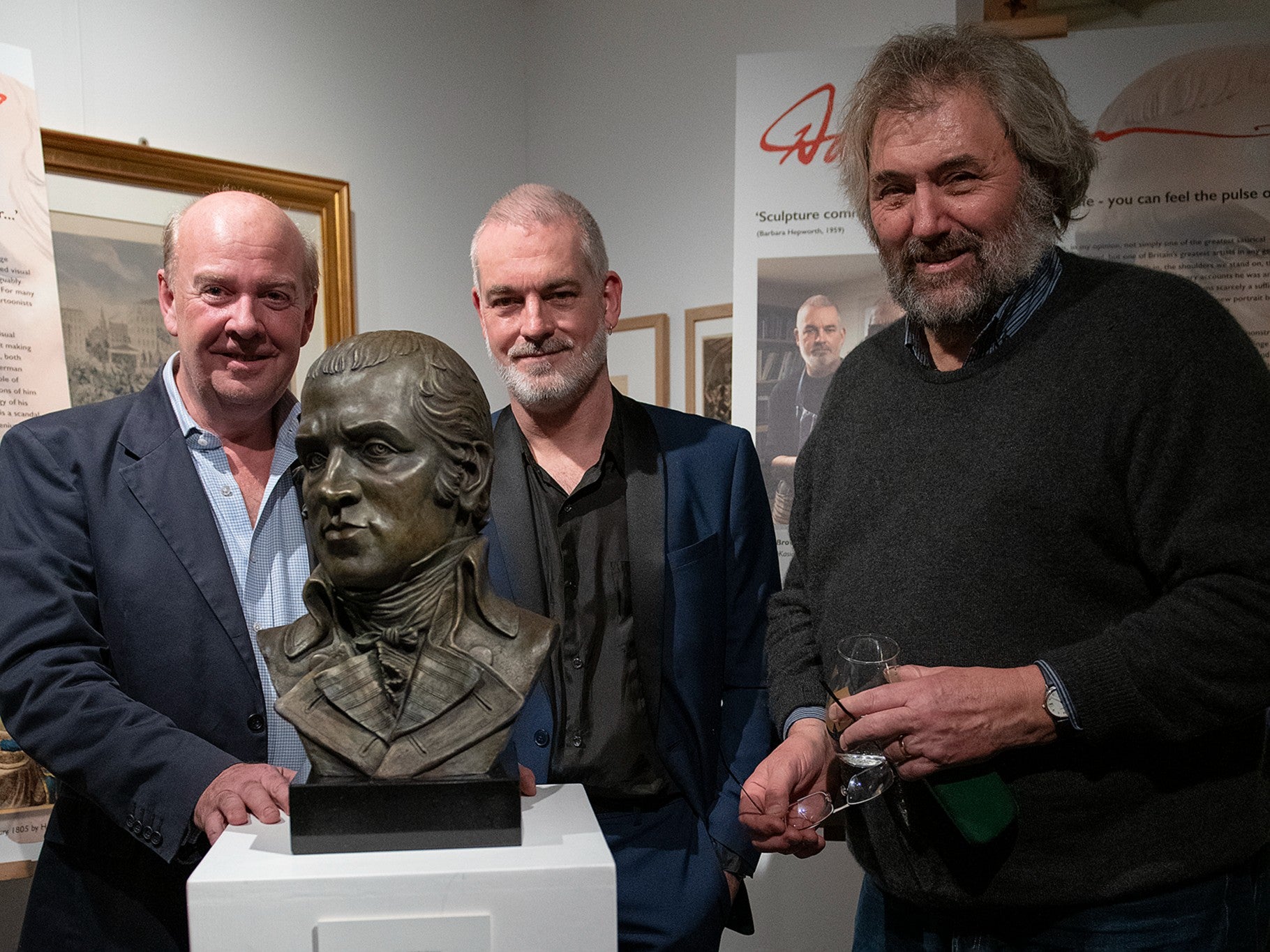 From left to right: Oliver Preston, chair the Cartoon Museum, Dave Brown, Steve Bell, trustee the Cartoon Museum