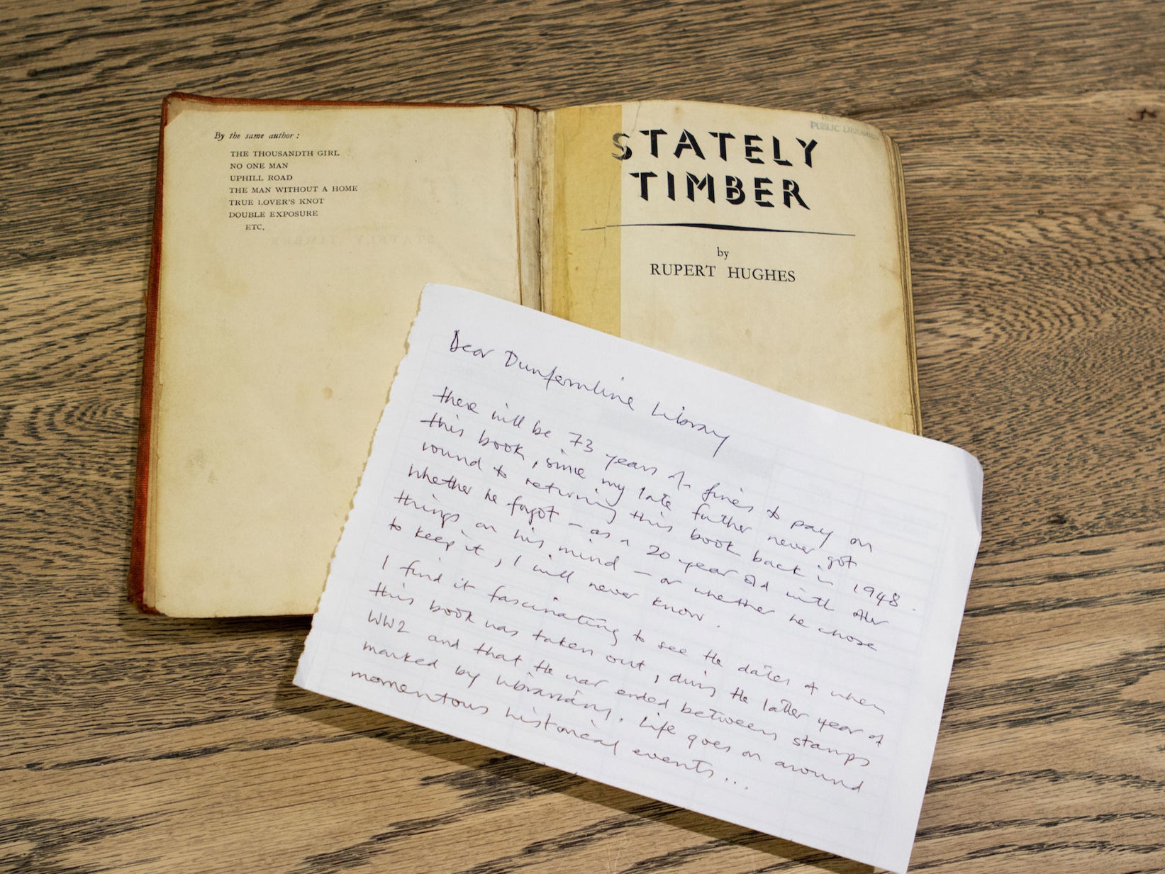 A library book that has been returned more than 73 years late with a note