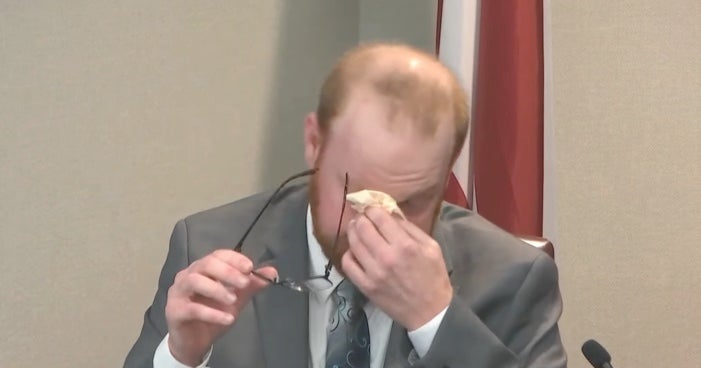 Travis McMichael wipes his eyes as he describes shooting dead Ahmaud Arbery