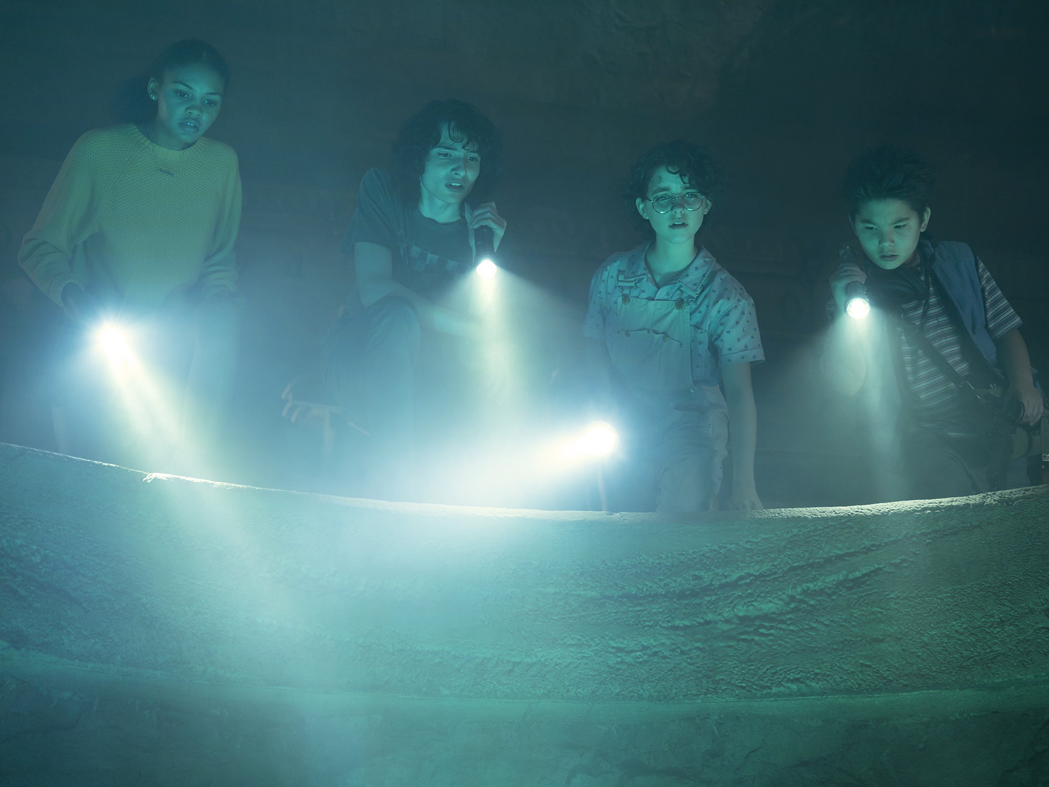 Celeste O’Connor (Lucky), Finn Wolfhard (Trevor), Mckenna Grace (Phoebe) and Logan Kim (Podcast) in ‘Ghostbusters: Afterlife’