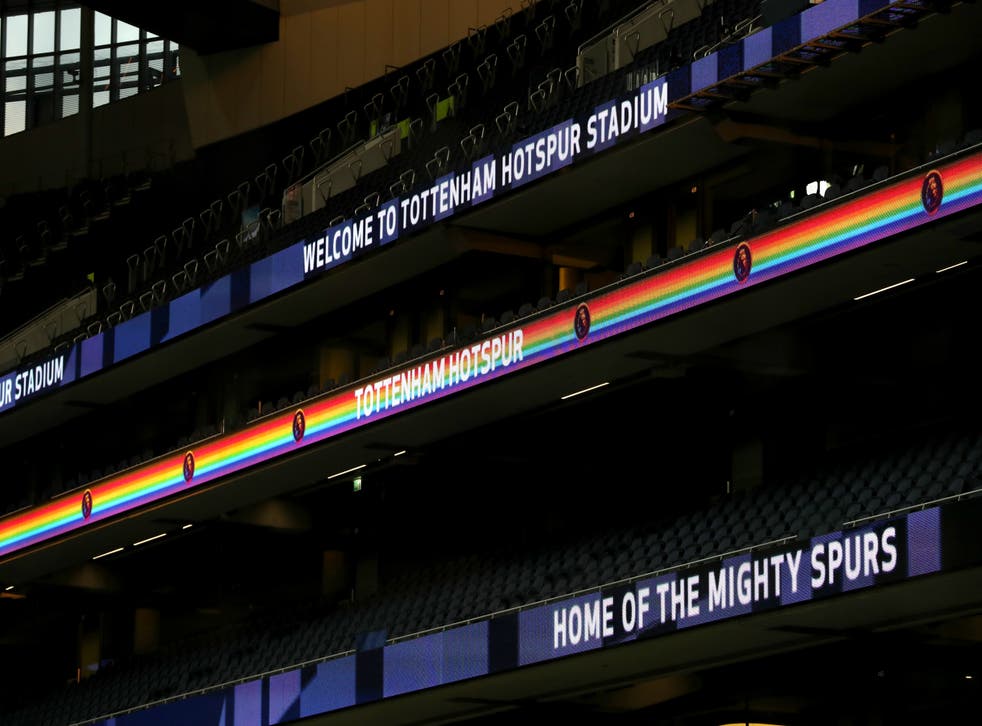 A general view of signage as part of the Stonewall Rainbow Laces campaign prior to the beginning of the Premier League match at the Tottenham Hotspur Stadium, London.