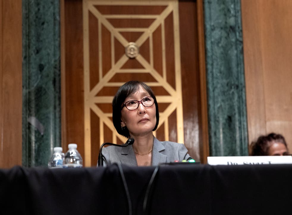 <p>Saule Omarova, President Biden's nominee to head the Office of the Comptroller of the Currency, answers a question from a Senator during a hearing with the Senate Banking Committee</p>