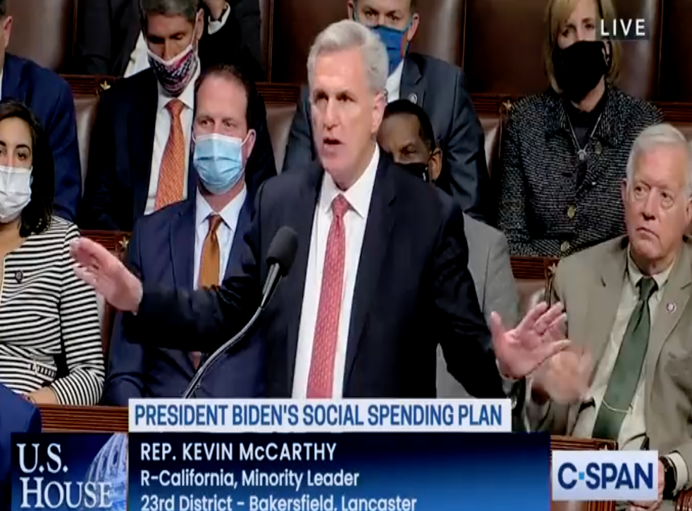 <p>Kevin McCarthy speaking in the House during debate on Joe Biden’s Build Back Better bill</p>