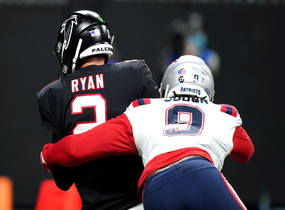 New England Patriots outside linebacker Matt Judon sacks Atlanta Falcons quarterback Matt Ryan (Brynn Anderson/AP)