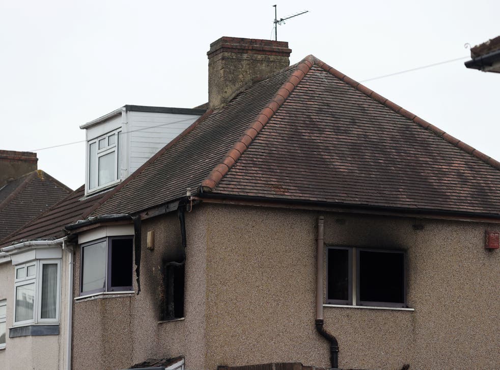 <p>A view of a damaged building at the scene of a house fire in Bexleyheath, south-east London,</p>