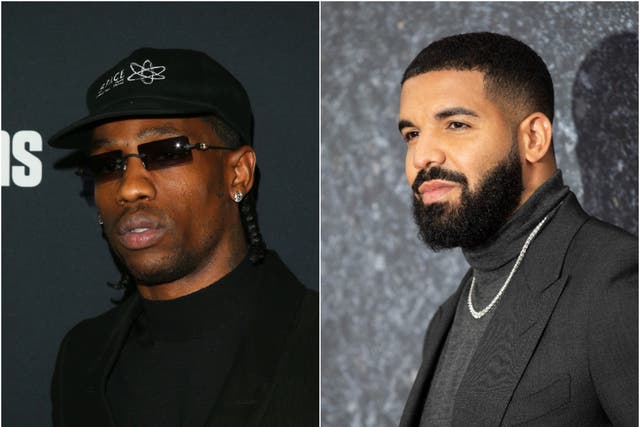<p>Rappers Travis Scott and Drake  </p>