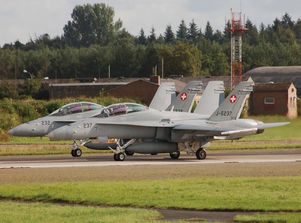 <p>The Swiss Air Force F-18 Hornet aircraft</p>