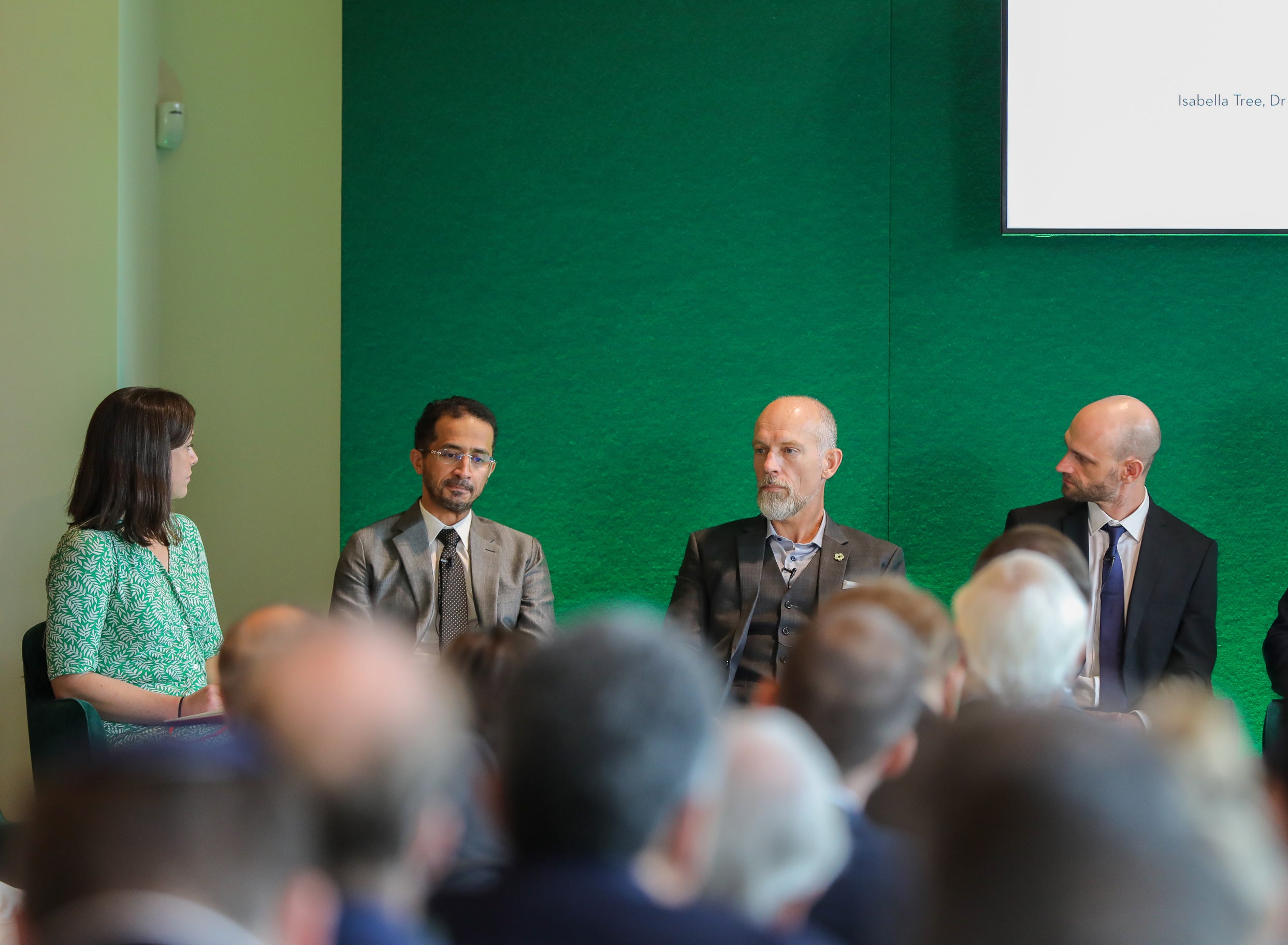 Waleed Al Dayel (centre left), Dr Paul Marshall (centre right), and Dr Andrew Tilker (right) discuss conservation and the importance of nature on a panel moderated by Isabel Hardman (left) on rewilding at the Saudi Green Initiative London summit at Waddesdon Manor
