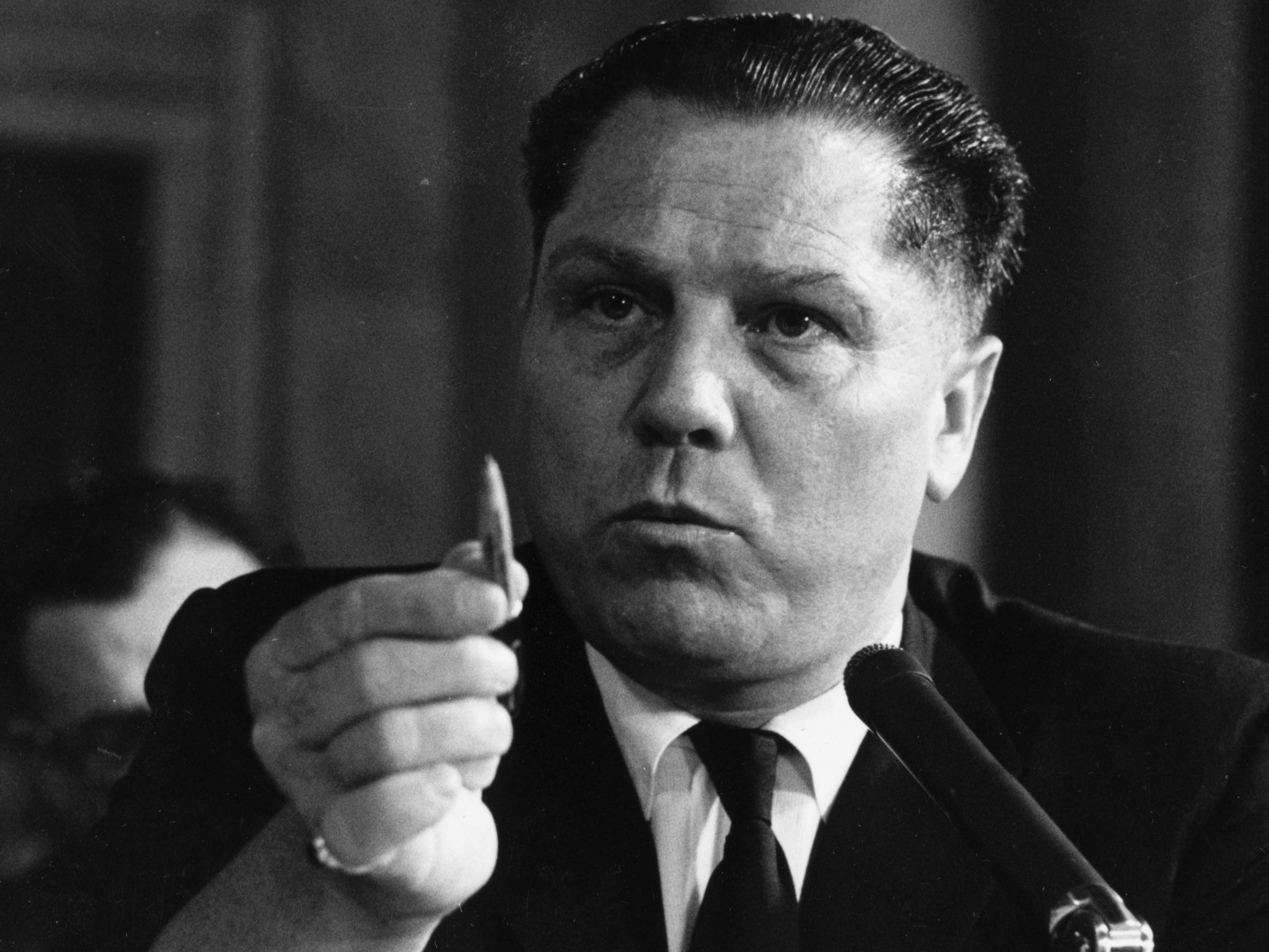 <p>American labour leader Jimmy Hoffa (1913 - 1975), President of the Teamster’s Union, testifying at a hearing investigating labor rackets on 11 August 1958</p>