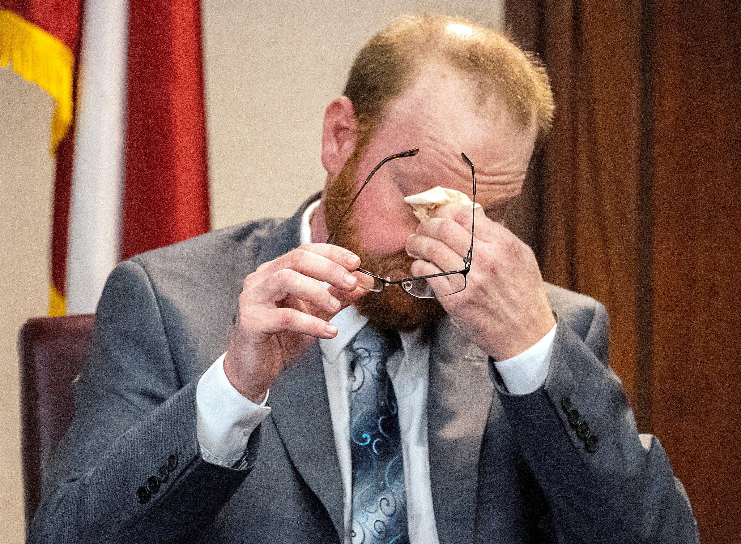 Travis McMichael wipes his eyes as he testifies about shooting dead Ahmaud Arbery on 23 February 2020