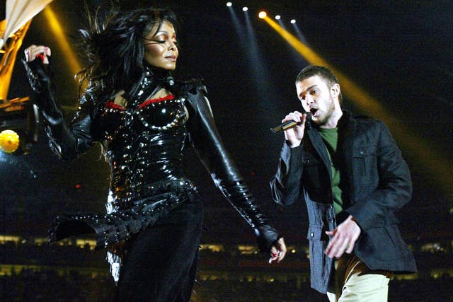 <p>Janet Jackson and Justin Timberlake performing at the 2004 Super Bowl</p>