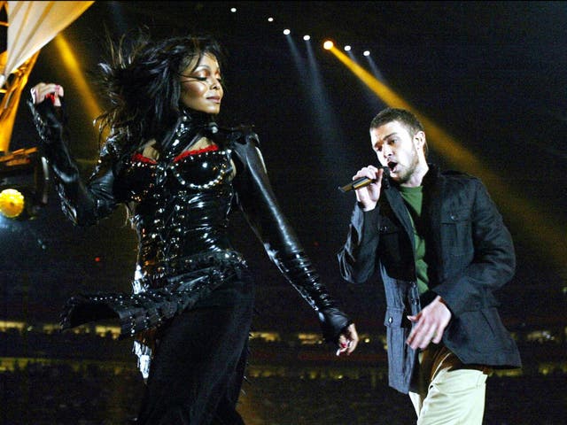 <p>Janet Jackson and Justin Timberlake performing at the 2004 Super Bowl</p>