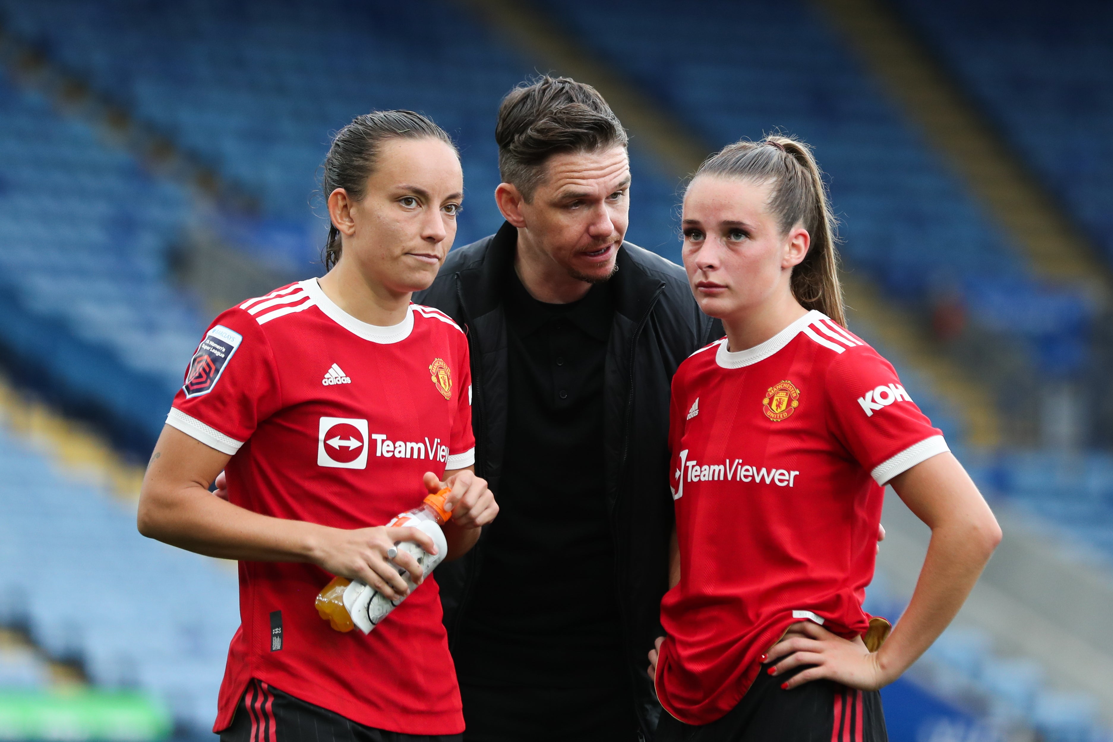 Marc Skinner, with Lucy Staniforth and Ella Toone, was delighted with his side’s win over Manchester City (Isaac Parkin/PA)