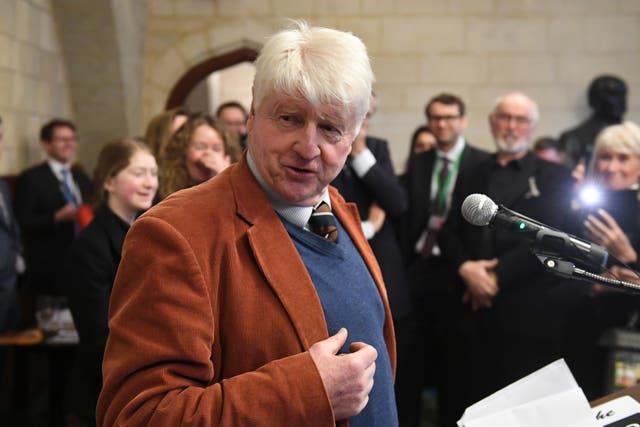 <p>Stanley Johnson speaking at an event in Westminster calling for a ban on trophy hunting</p>