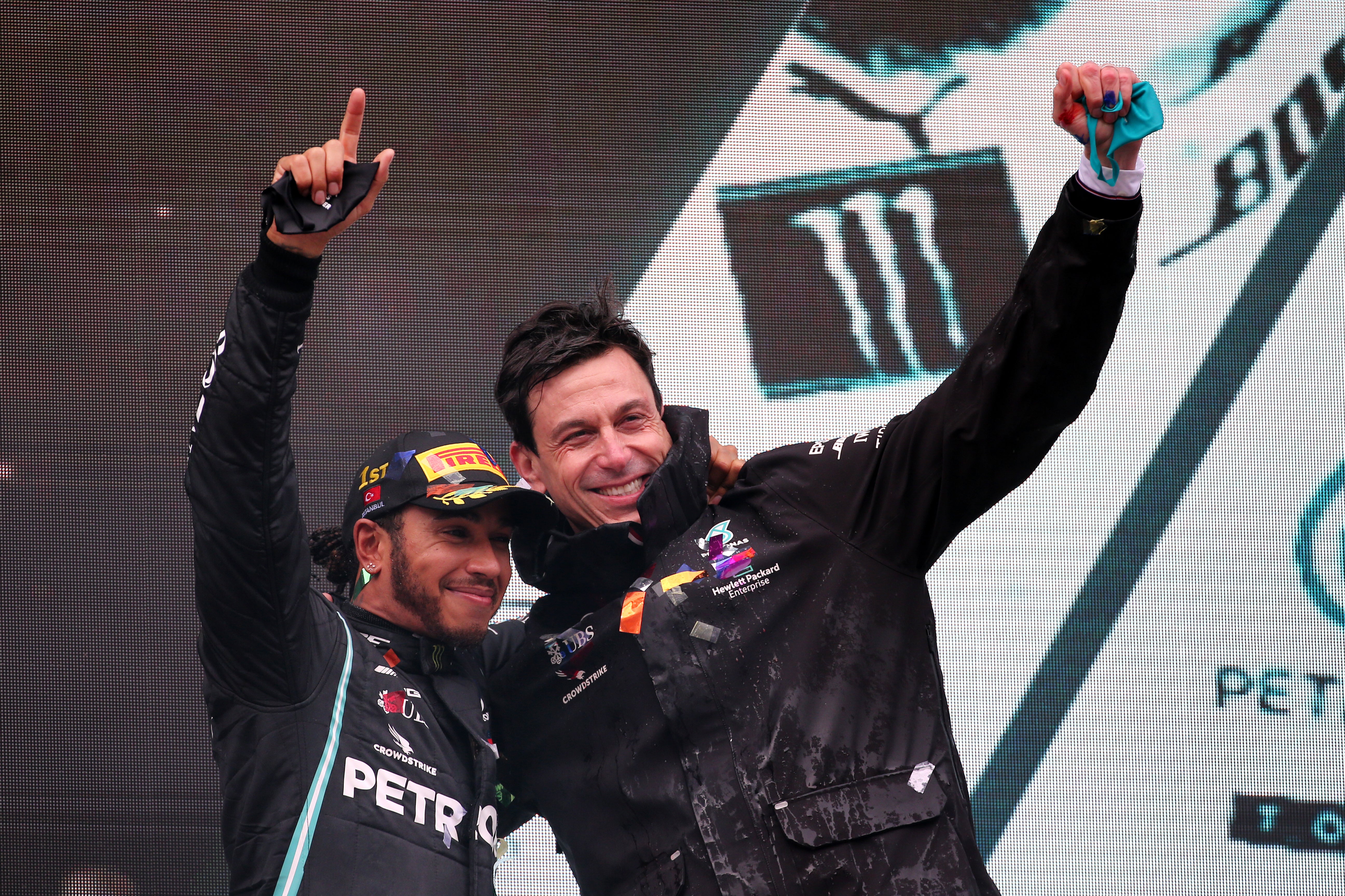 Mercedes team principal Toto Wolff with driver Lewis Hamilton