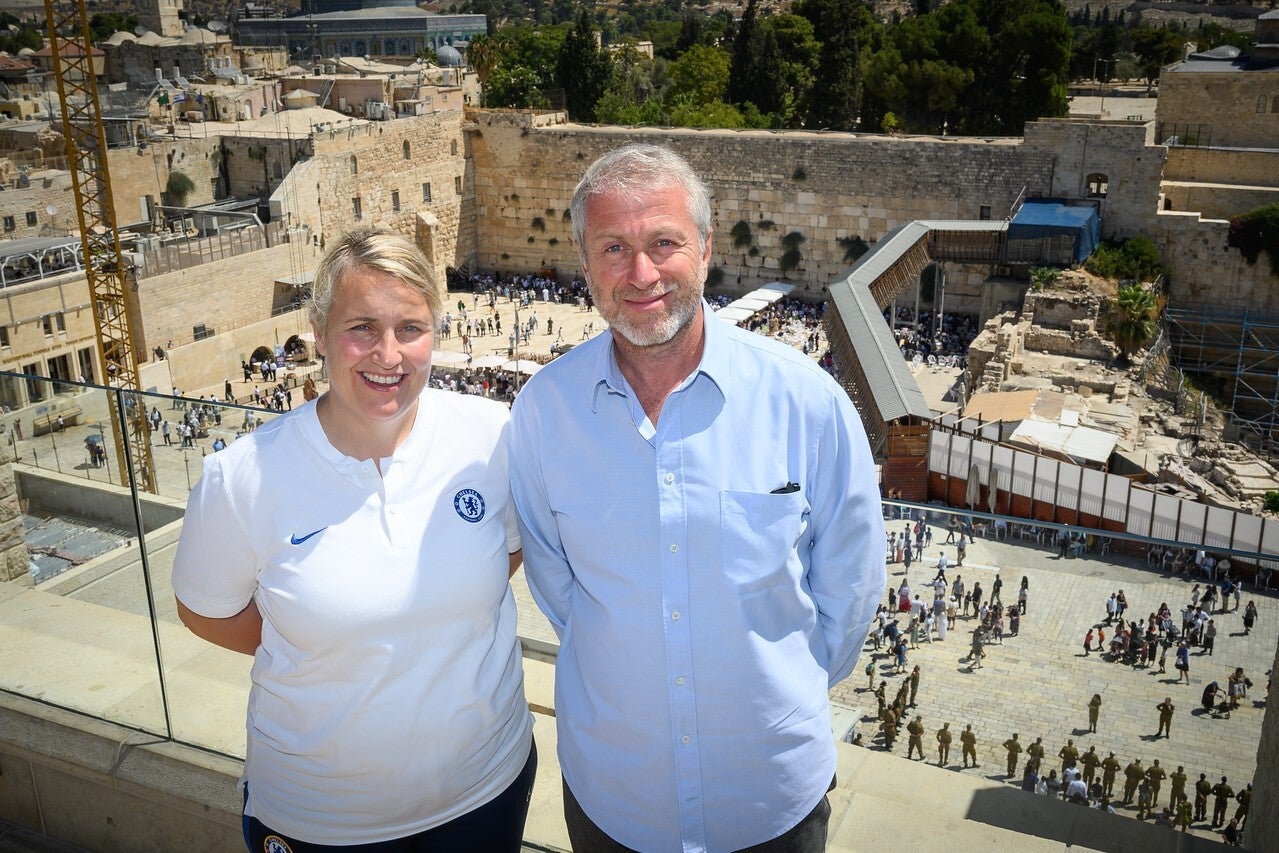 Chelsea have been running the ‘Say No To Anti-Semitism’ campaign for more than three years, with owner Roman Abramovich, right, and Chelsea Women coach Emma Hayes, left, pictured on a club trip to Jerusalem (Shahar Azran/Chelsea Football Club)