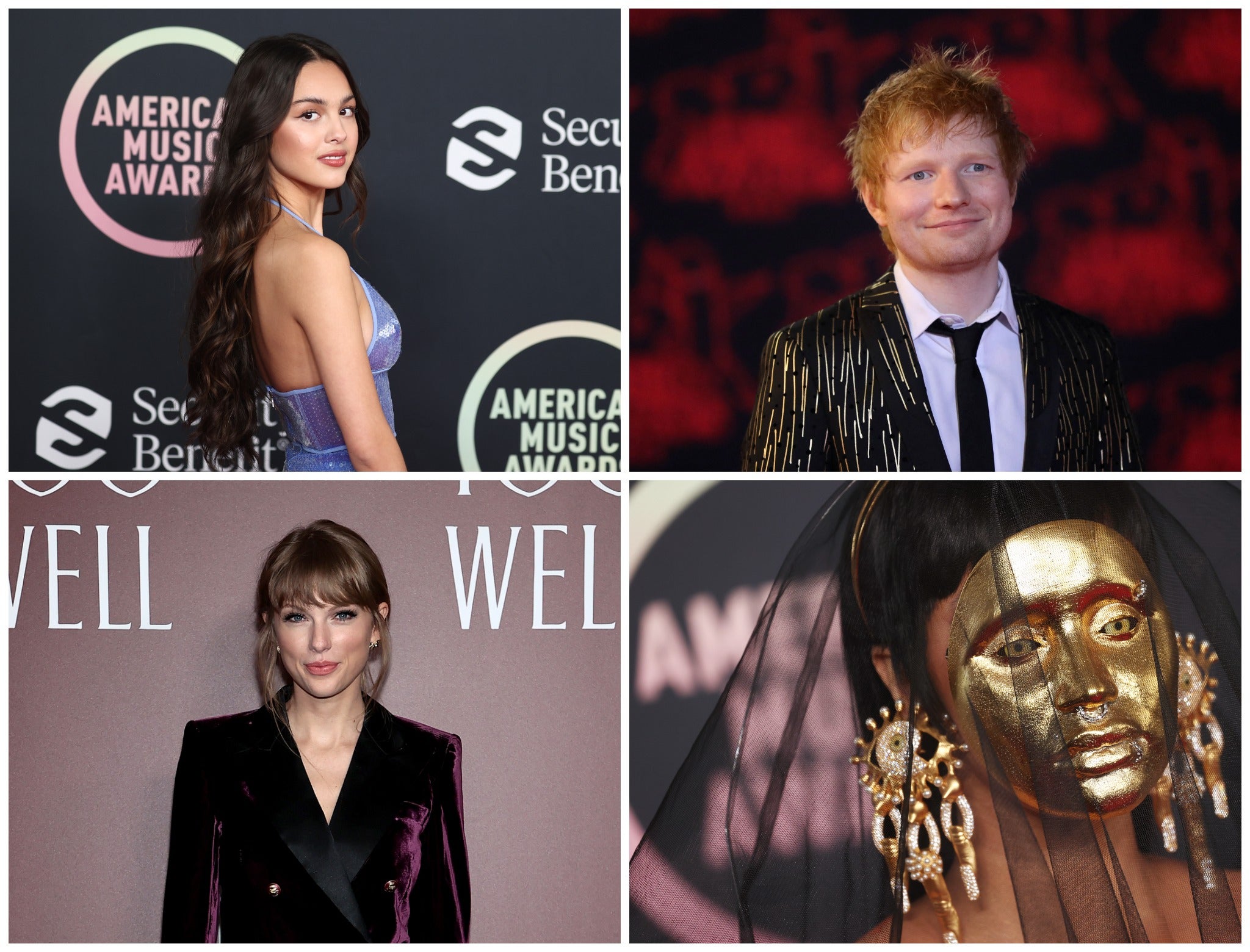 <p>Top left clockwise: Olivia Rodrigo, Ed Sheeran, Cardi B, Taylor Swift</p>