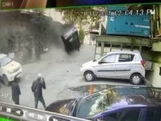 Dramatic video shows car swerving to avoid monkey and crashing off side of road in India’s Shimla