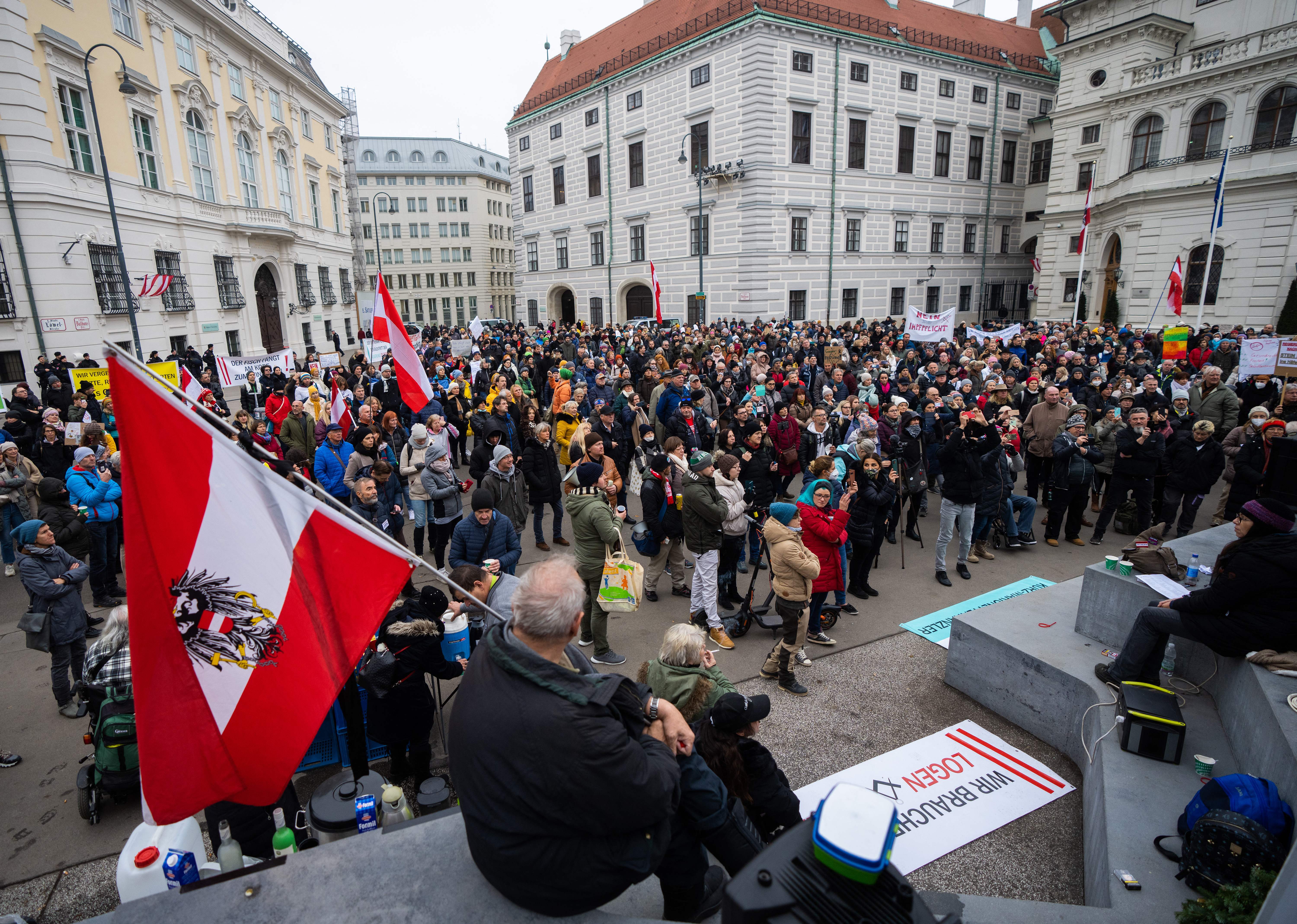 Anti-vaccination activists in Vienna, Austria protest against the nationwide lockdown