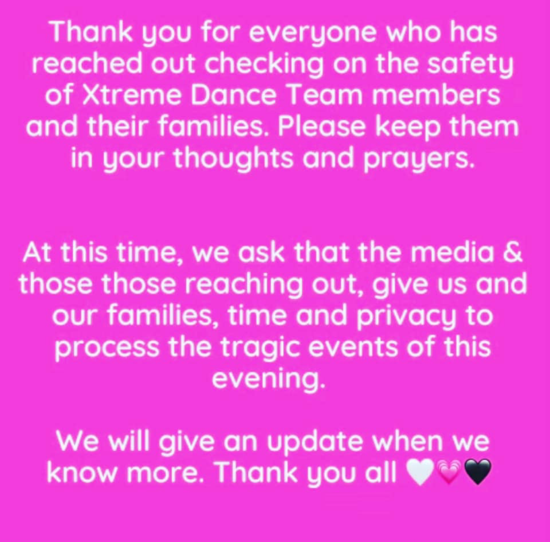 The Waukesha Xtreme Dance Team thanked well-wishers in a Facebook message