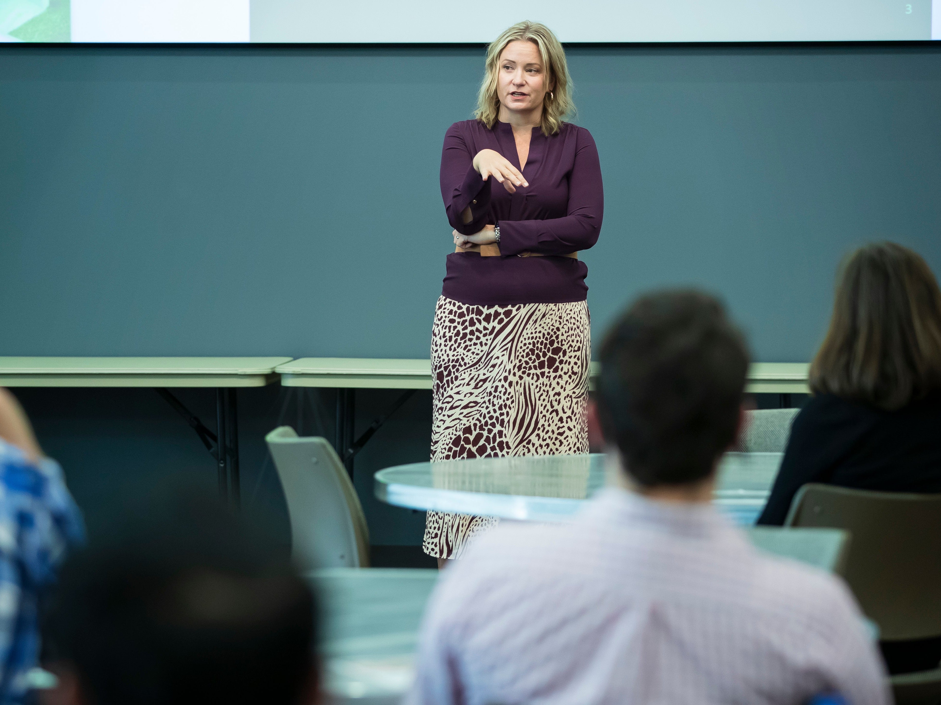 Dr Gina Scott Ligon, director of the National Counterterrorism Innovation, Technology, and Education Centre (NCITE), speaks during a visit of legislative staffers at the University of Nebraska, Omaha