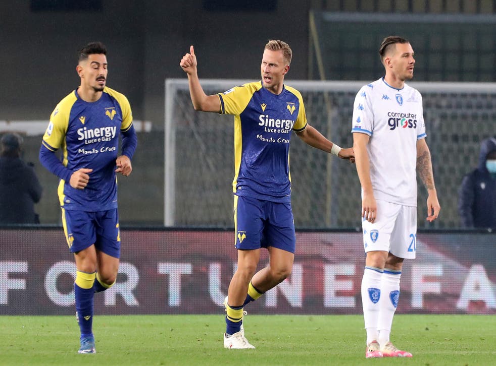 Antonin Barak, centre, gave Verona the lead in their 2-1 Serie A victory over Empoli (Paola Garbuio/AP)