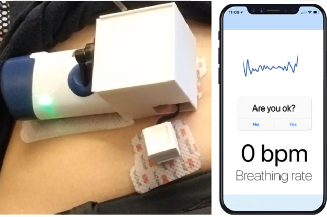 <p>Prototype device includes sensors and an existing injector, shown on an abdomen, and communicated to a smartphone app</p>