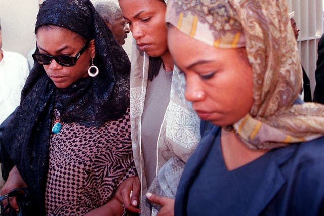 <p>File: Three of Betty Shabazz’s daughters — (from left to right) Malikah, Malaak and Qubilah Shabazz — attend their mother’s funeral in 1997</p>