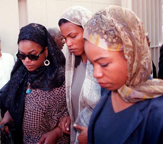 <p>File: Three of Betty Shabazz’s daughters — (from left to right) Malikah, Malaak and Qubilah Shabazz — attend their mother’s funeral in 1997</p>