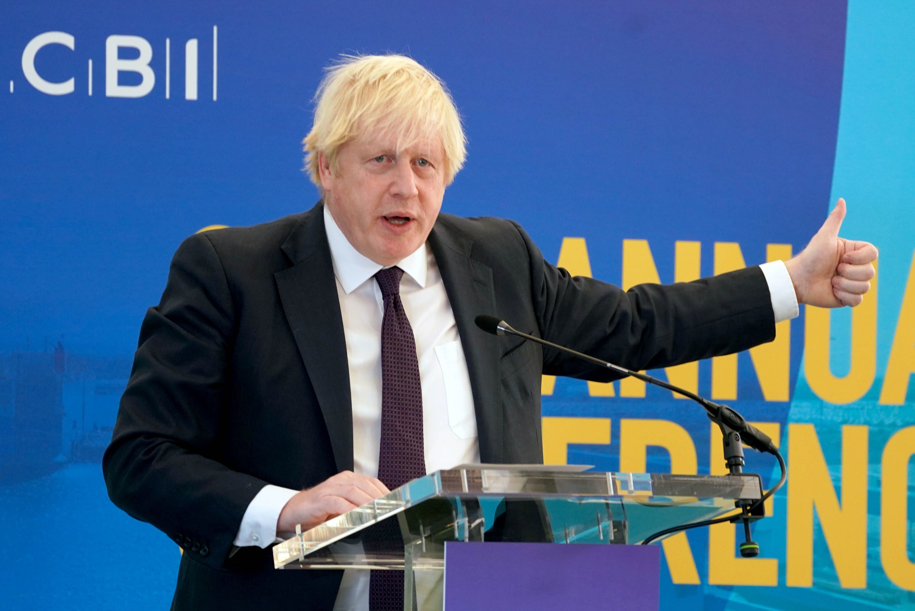 Prime Minister Boris Johnson speaking during the CBI annual conference, at the Port of Tyne, in South Shields.