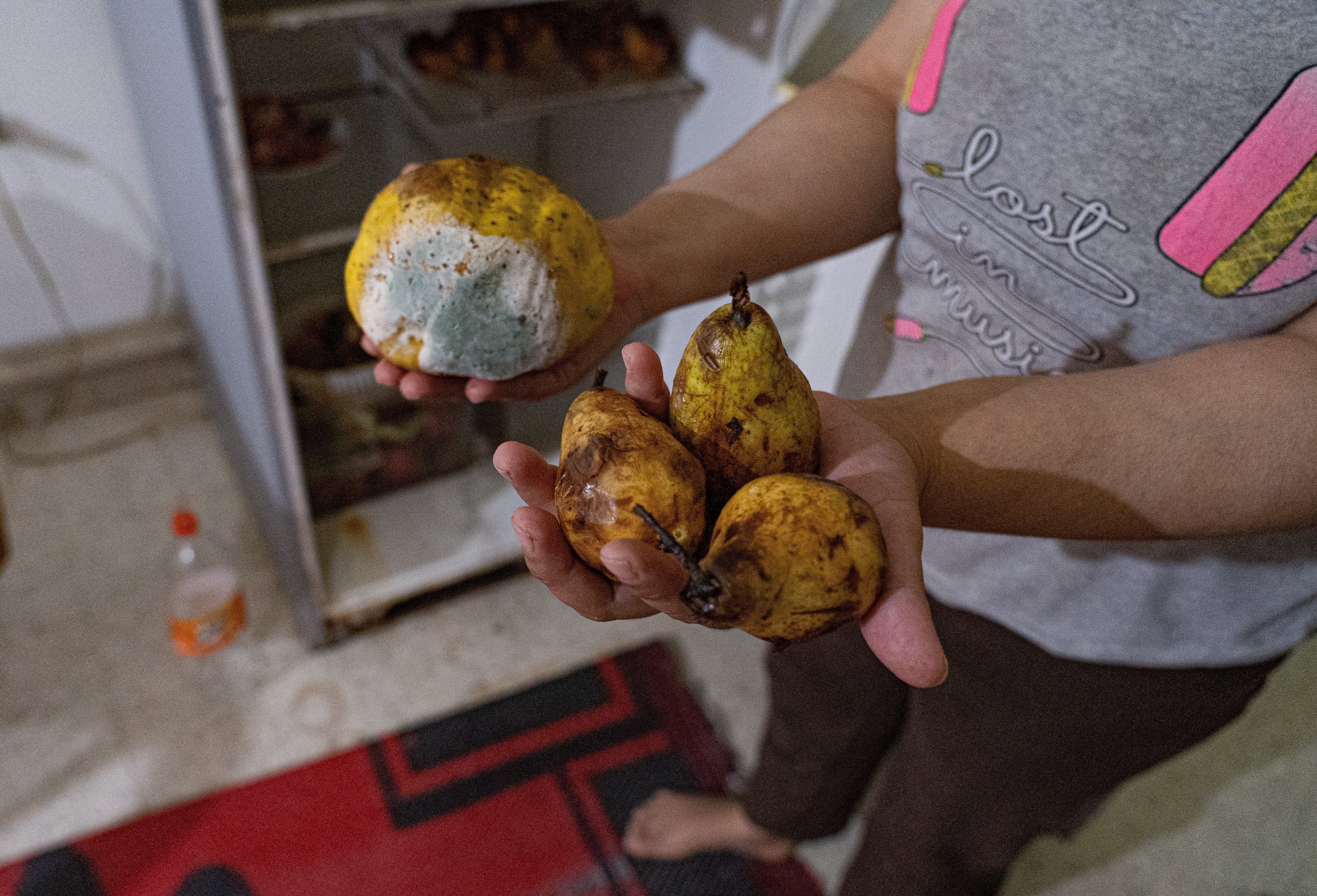 Salma shows the rotten fruit that her family scavenged