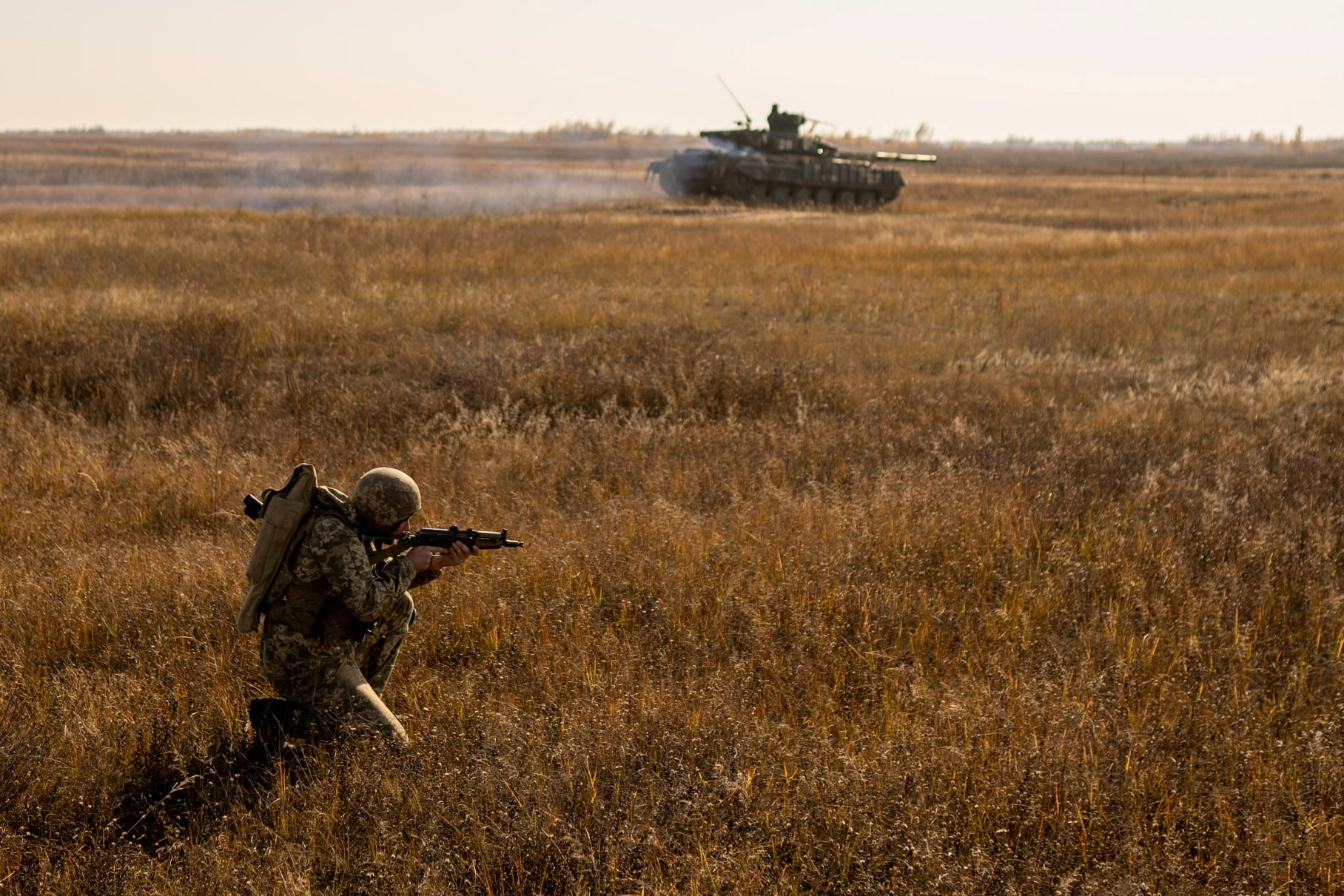 A military drill at a training ground near the border with Russian-annexed Crimea in Kherson, Ukraine