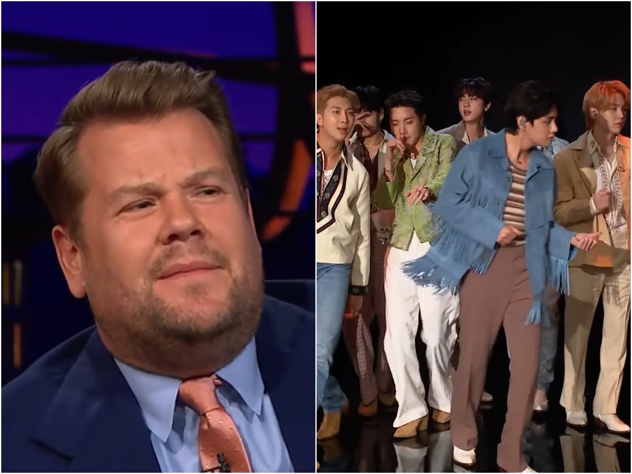 <p>James Corden and BTS on ‘The Late Late Show'</p>
