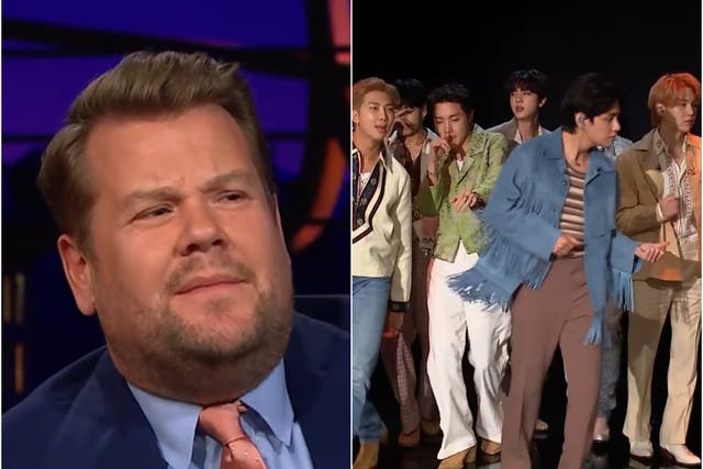 <p>James Corden and BTS on ‘The Late Late Show'</p>